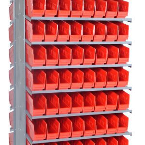The Quantum Pick Rack is a double-sided, sloped metal storage unit measuring 24L x 36W x 63-1/2H with an 800 lb capacity. Featuring 16 shelves and equipped with 128 QSB201 red bins, it offers efficient organization of small parts or tools for easy access.