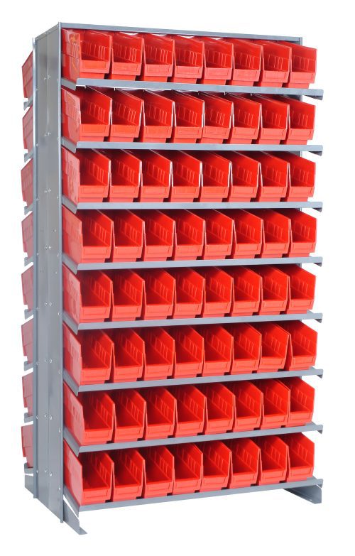 The Quantum Pick Rack is a double-sided, sloped metal storage unit measuring 24L x 36W x 63-1/2H with an 800 lb capacity. Featuring 16 shelves and equipped with 128 QSB201 red bins, it offers efficient organization of small parts or tools for easy access.