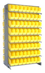 The Quantum Pick Rack features a double-sided, sloped design with 16 shelves and 128 uniform-sized QSB201 yellow bins for small item storage. With dimensions of 24L x 36W x 63-1/2H and an 800 lb capacity, it combines industrial sturdiness with enhanced accessibility.