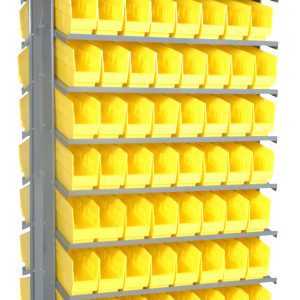 The Quantum Pick Rack features a double-sided, sloped design with 16 shelves and 128 uniform-sized QSB201 yellow bins for small item storage. With dimensions of 24L x 36W x 63-1/2H and an 800 lb capacity, it combines industrial sturdiness with enhanced accessibility.