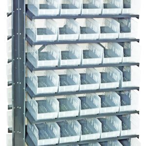 The Quantum Pick Rack is a double-sided, sloped organizer with 16 shelves and 80 Qsb202 clear bins. Measuring 24L x 36W x 63-1/2H, it efficiently holds small items and has an 800 lb capacity.