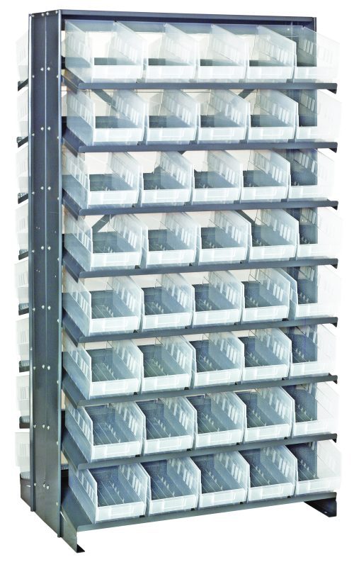 WR8-807 Cl The Quantum Pick Rack is a double-sided, sloped organizer with 16 shelves and 80 Qsb202 clear bins. Measuring 24L x 36W x 63-1/2H, it efficiently holds small items and has an 800 lb capacity.