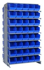 The Quantum Pick Rack is a sturdy, free-standing, double-sided shelving unit sized 24L x 36W x 63.5H. It supports up to 800 lbs., featuring a sloped design with a (16) shelves configuration and includes (80) Qsb202 blue bins for efficient storage and easy front access.