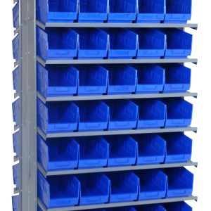 The Quantum Pick Rack is a sturdy, free-standing, double-sided shelving unit sized 24L x 36W x 63.5H. It supports up to 800 lbs., featuring a sloped design with a (16) shelves configuration and includes (80) Qsb202 blue bins for efficient storage and easy front access.