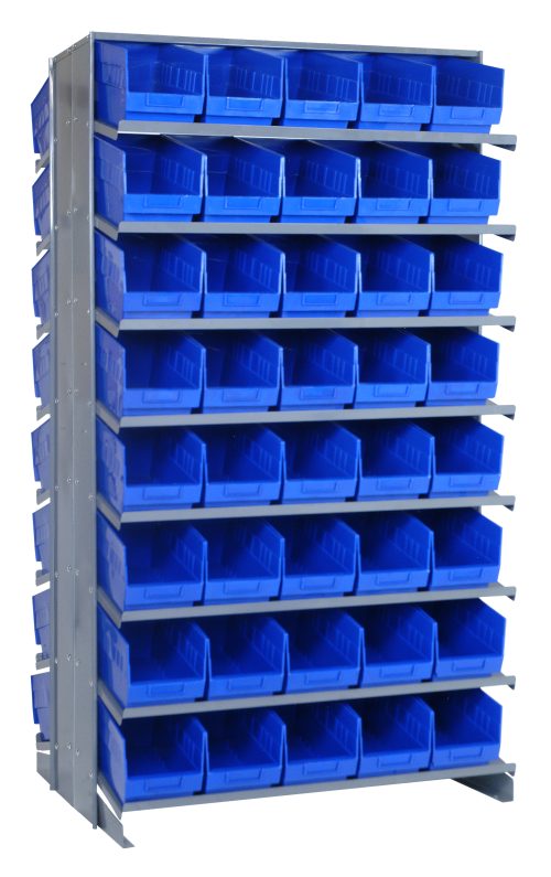 QPRD-202_BL.jpg The Quantum Pick Rack is a sturdy, free-standing, double-sided shelving unit sized 24L x 36W x 63.5H. It supports up to 800 lbs., featuring a sloped design with a (16) shelves configuration and includes (80) Qsb202 blue bins for efficient storage and easy front access.