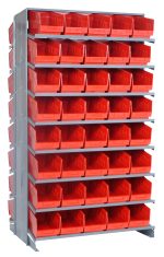 The Quantum Pick Rack is a slopped, double-sided, 24L x 36W x 63-1/2H unit with a capacity of 800 lbs. It features 16 shelves and includes 80 Qsb202 red bins. Ideal for organizing small items or tools, its free-standing design allows easy access with open-top bins.