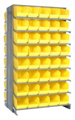 The Quantum Pick Rack is a freestanding, double-sided, sloped system with an 800 lbs. capacity. It measures 24L x 36W x 63-1/2H and includes 16 shelves holding 80 QSB202 yellow bins, ideal for organizing small parts or hardware against a white background.