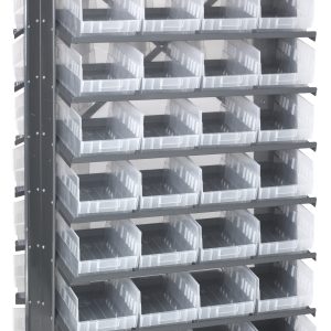 The Quantum Pick Rack, measuring 24L x 36W x 63-1/2H, features a double-sided, sloped design with 16 shelves and includes 64 transparent Qsb207 clear bins. Its perfect for organizing small parts or tools with open-front bins for easy access and has an 800 lbs. capacity.