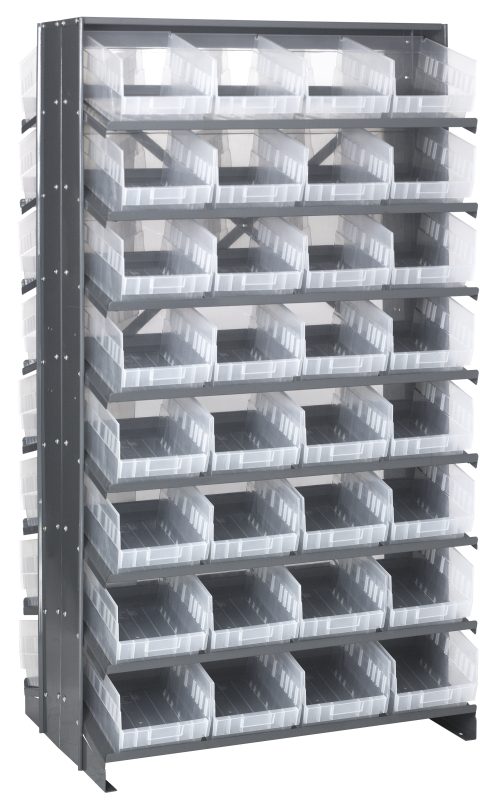QBRD- 807 Cl The Quantum Pick Rack, measuring 24L x 36W x 63-1/2H, features a double-sided, sloped design with 16 shelves and includes 64 transparent Qsb207 clear bins. Its perfect for organizing small parts or tools with open-front bins for easy access and has an 800 lbs. capacity.