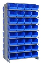 The Quantum Pick Rack is a tall metal shelving unit, measuring 24L x 36W x 63-1/2H, featuring a double-sided, sloped design with a 16-shelf configuration. It includes 64 open-fronted blue plastic bins (Qsb207) for efficient storage and easy access of small items in five columns. Capacity: 800 lbs.