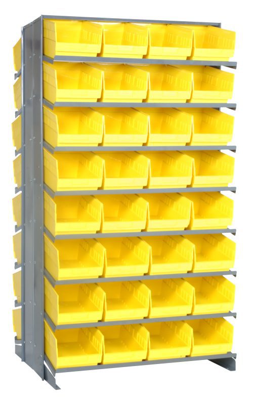 The Quantum Pick Rack is a double-sided, freestanding shelving unit featuring 16 shelves and 64 QSB207 yellow bins arranged in five rows of eight. Measuring 24L x 36W x 63-1/2H, it provides ample organizational space with an 800 lbs. capacity.