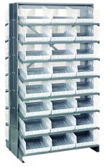 The Quantum Pick Rack is a sloped, double-sided shelving unit measuring 24L x 36W x 63.5H, featuring 16 shelves with an impressive capacity of 800 lbs per side. It includes 48 QSB207 clear bins for organized storage.