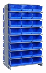 The Quantum Pick Rack is a double-sided shelving unit, 24L x 36W x 63-1/2H, offering 16 shelves with an 800 lbs. capacity each. It includes 48 Qsb207 blue bins for efficiently organizing small items.