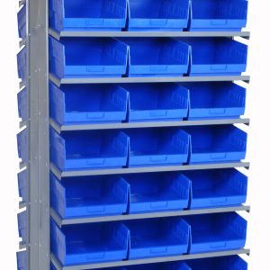 The Quantum Pick Rack is a double-sided shelving unit, 24L x 36W x 63-1/2H, offering 16 shelves with an 800 lbs. capacity each. It includes 48 Qsb207 blue bins for efficiently organizing small items.