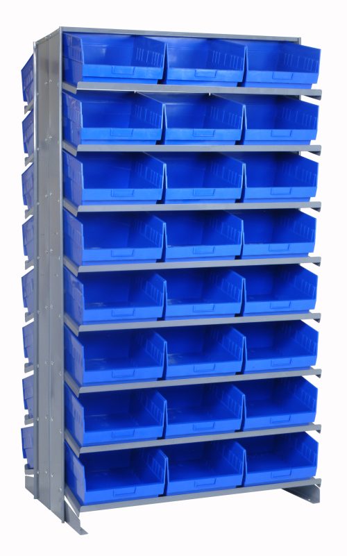 The Quantum Pick Rack is a double-sided shelving unit, 24L x 36W x 63-1/2H, offering 16 shelves with an 800 lbs. capacity each. It includes 48 Qsb207 blue bins for efficiently organizing small items.