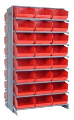 The Quantum Pick Rack is a double-sided storage solution measuring 24L x 36W x 63-1/2H with a capacity of up to 800 lbs. It features 16 shelves and includes 48 open-top Qsb207 red bins, ideal for organizing small items or tools in neat rows.