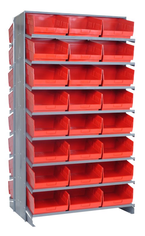 The Quantum Pick Rack is a double-sided storage solution measuring 24L x 36W x 63-1/2H with a capacity of up to 800 lbs. It features 16 shelves and includes 48 open-top Qsb207 red bins, ideal for organizing small items or tools in neat rows.