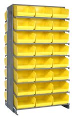 The Quantum Pick Rack features a sloped, double-sided metal frame with dimensions of 24L x 36W x 63-1/2H, an 800 lbs. capacity, and includes 16 shelves that hold 48 Qsb207 yellow plastic bins for efficient small item organization and easy access.