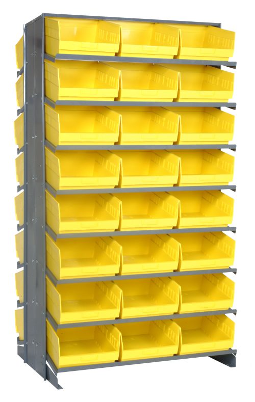 The Quantum Pick Rack features a sloped, double-sided metal frame with dimensions of 24L x 36W x 63-1/2H, an 800 lbs. capacity, and includes 16 shelves that hold 48 Qsb207 yellow plastic bins for efficient small item organization and easy access.
