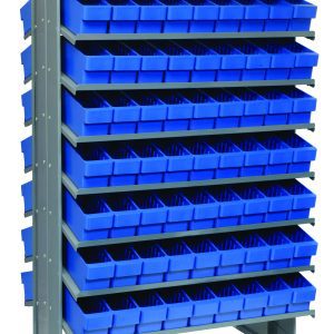 The Quantum Pick Rack, a double-sided metal shelving unit with 16 slopped levels, holds 144 blue Qed501 bins. Its organized neatly on two sturdy feet and measures 24L x 36W x 60H with an 800 lbs. capacity. The shelf is shown upright from a slight angle.