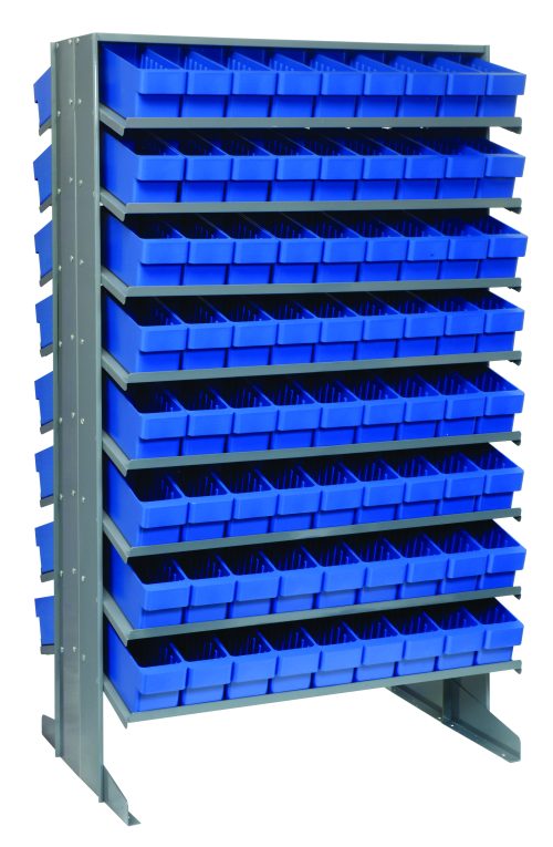The Quantum Pick Rack, a double-sided metal shelving unit with 16 slopped levels, holds 144 blue Qed501 bins. Its organized neatly on two sturdy feet and measures 24L x 36W x 60H with an 800 lbs. capacity. The shelf is shown upright from a slight angle.
