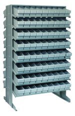 The Quantum Pick Rack is a double-sided, slopped unit measuring 24L x 36W x 60H with a 16-shelf configuration. It includes 144 Qed501 gray bins and supports up to 800 lbs, making it ideal for efficiently organizing small parts or tools.