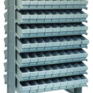The Quantum Pick Rack is a double-sided, slopped unit measuring 24L x 36W x 60H with a 16-shelf configuration. It includes 144 Qed501 gray bins and supports up to 800 lbs, making it ideal for efficiently organizing small parts or tools.