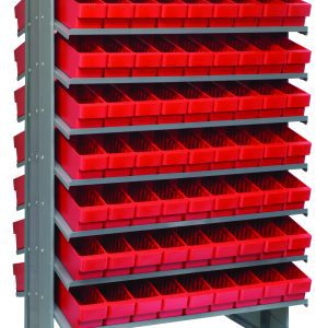 The Quantum Pick Rack has a sloped, double-sided design with a 16-shelf setup, featuring 144 red Qed501 bins for storing small items. Its freestanding gray metal structure measures 24L x 36W x 60H and supports up to 800 lbs, offering an industrial aesthetic.