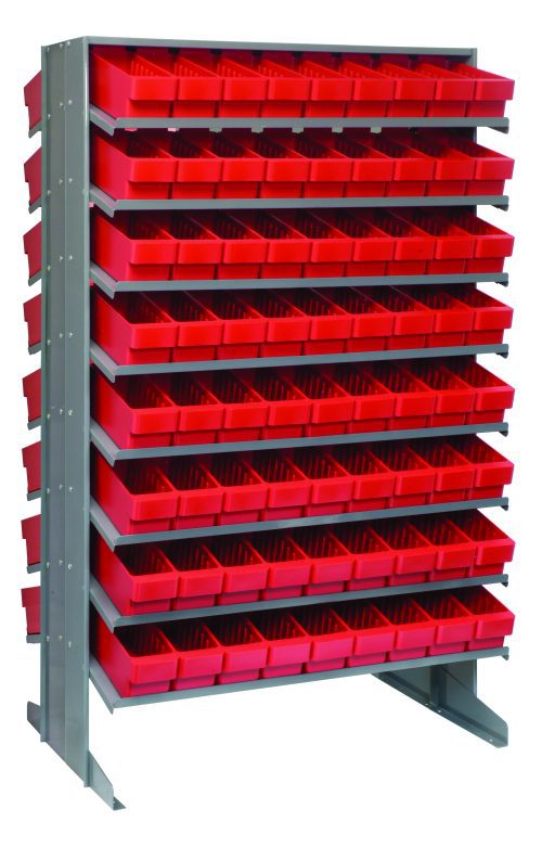 QPRD-501_RD.jpg The Quantum Pick Rack has a sloped, double-sided design with a 16-shelf setup, featuring 144 red Qed501 bins for storing small items. Its freestanding gray metal structure measures 24L x 36W x 60H and supports up to 800 lbs, offering an industrial aesthetic.