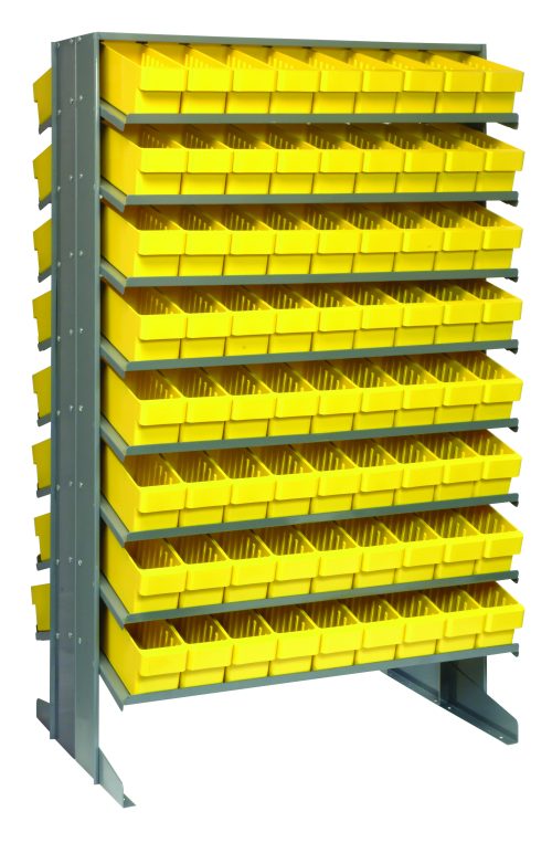 QPRD-501_YL.jpg The Quantum Pick Rack is a freestanding, double-sided metal storage solution with a sloped design and measures 24L x 36W x 60H. It features 16 shelves, holds up to 800 lbs, and includes 144 bright yellow QED501 bins arranged neatly on sturdy metal legs.