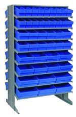 The Quantum Pick Rack features a sloped, double-sided design with 16 shelves, filled with QED501, QED601, QED701, and QED801 blue bins. Each bin offers sections for organizing items. This sturdy unit measures 24L x 36W x 60H and stands on a metal base with an impressive 800 lbs. capacity.