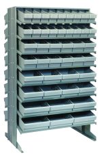 Meet the Quantum Pick Rack: a double-sided, sloped metal shelving unit with a 24L x 36W x 60H frame, perfect for tool and small part organization. It boasts an industrial design with (16) shelves and includes gray pull-out bins: (36) QED501, (24) QED601, (16) QED701, and (12) QED801.