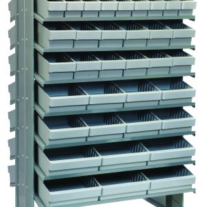 Meet the Quantum Pick Rack: a double-sided, sloped metal shelving unit with a 24L x 36W x 60H frame, perfect for tool and small part organization. It boasts an industrial design with (16) shelves and includes gray pull-out bins: (36) QED501, (24) QED601, (16) QED701, and (12) QED801.
