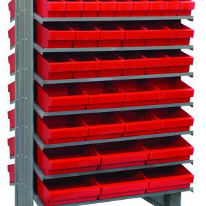 The Quantum Pick Rack is a slopped, double-sided unit measuring 24L x 36W x 60H with an 800 lbs. capacity. It features a 16-shelf configuration and includes red bins: 36 Qed501, 24 Qed601, 16 Qed701, and 12 Qed801 for efficient organization.