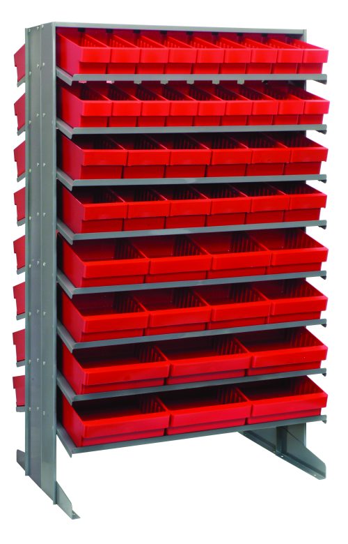 The Quantum Pick Rack is a slopped, double-sided unit measuring 24L x 36W x 60H with an 800 lbs. capacity. It features a 16-shelf configuration and includes red bins: 36 Qed501, 24 Qed601, 16 Qed701, and 12 Qed801 for efficient organization.