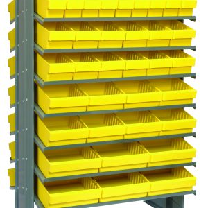 The Quantum Pick Rack is a sloped, double-sided metal shelving unit that measures 24L x 36W x 60H and holds up to 800 lbs. It features a grid of yellow bins: (36) Qed501, (24) Qed601, (16) Qed701, and (12) Qed801 types organized across 16 shelves.
