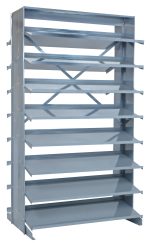 The Quantum Pick Rack features a silver metal, double-sided shelving unit with 16 sloped shelves and sturdy crossbars. Measuring 24L x 36W x 63-1/2H, it holds up to 800 lbs., making it ideal for efficiently organizing garages or workshops.