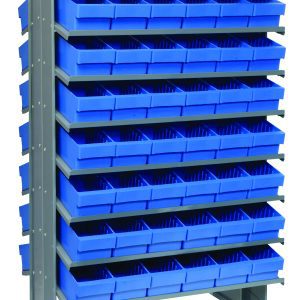 The Quantum Pick Rack, a freestanding, double-sided unit with a 16-shelf configuration, features a tall metal frame and includes 96 Qed601 blue bins. Its slopped at dimensions of 24L x 36W x 60H and holds up to 800 lbs., enhancing its industrial look.