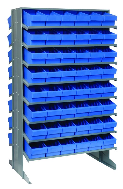 The Quantum Pick Rack, a freestanding, double-sided unit with a 16-shelf configuration, features a tall metal frame and includes 96 Qed601 blue bins. Its slopped at dimensions of 24L x 36W x 60H and holds up to 800 lbs., enhancing its industrial look.