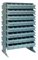 The Quantum Pick Rack, a double-sided storage unit measuring 24L x 36W x 60H, supports up to 800 lbs. It features 16 sloped shelves and comes with 96 removable Qed601 gray bins for easy access, ideal for efficient organization of small parts or supplies.