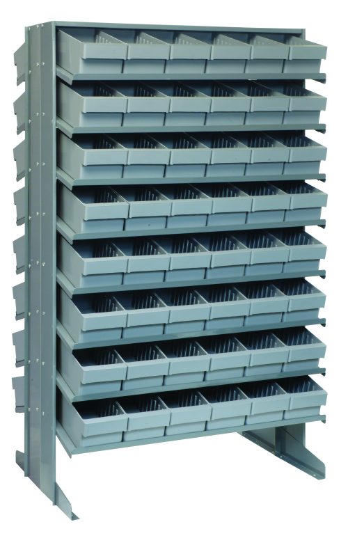 The Quantum Pick Rack, a double-sided storage unit measuring 24L x 36W x 60H, supports up to 800 lbs. It features 16 sloped shelves and comes with 96 removable Qed601 gray bins for easy access, ideal for efficient organization of small parts or supplies.
