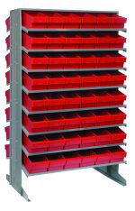 The Quantum Pick Rack is a tall, gray, double-sided shelving unit with a slope design. Measuring 24L x 36W x 60H and featuring a (16) shelves configuration, it includes (96) QED601 red bins. With an 800 lbs. capacity, its ideal for organizing small parts or supplies on any flat surface.