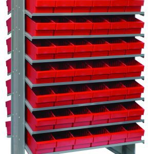 The Quantum Pick Rack is a tall, gray, double-sided shelving unit with a slope design. Measuring 24L x 36W x 60H and featuring a (16) shelves configuration, it includes (96) QED601 red bins. With an 800 lbs. capacity, its ideal for organizing small parts or supplies on any flat surface.
