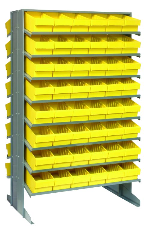 The Quantum Pick Rack, a freestanding metal shelving unit with a slopped, double-sided design, features 16 shelves and holds up to 800 lbs. It includes 96 QED601 yellow bins for organized storage. Measuring 24L x 36W x 60H, its ideal for keeping small items neatly arranged.