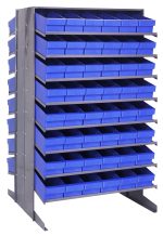 The Quantum Pick Rack is a double-sided, freestanding shelving unit with a sloped design, measuring 36L x 36W x 60H. It features 16 shelves and comes with 96 blue Qed602 bins, providing an ideal solution for organizing small parts up to an 800 lbs. capacity.