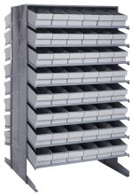 The Quantum Pick Rack is a sloped, double-sided metallic storage unit with a capacity of 800 lbs. It measures 36L x 36W x 60H and includes 16 shelves filled with 96 QED602 gray bins, ideal for efficiently organizing small parts or tools.