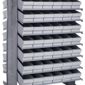 The Quantum Pick Rack is a sloped, double-sided metallic storage unit with a capacity of 800 lbs. It measures 36L x 36W x 60H and includes 16 shelves filled with 96 QED602 gray bins, ideal for efficiently organizing small parts or tools.