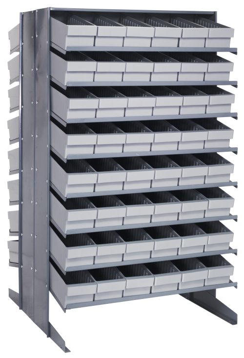 The Quantum Pick Rack is a sloped, double-sided metallic storage unit with a capacity of 800 lbs. It measures 36L x 36W x 60H and includes 16 shelves filled with 96 QED602 gray bins, ideal for efficiently organizing small parts or tools.