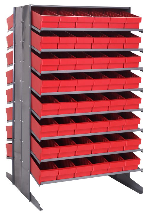 The Quantum Pick Rack is a freestanding, double-sided shelving unit with a sturdy frame and an 800 lbs. capacity, featuring 16 shelves and 96 QED602 red bins. Measuring 36L x 36W x 60H, it offers organized storage with open-fronted bins in a neat grid pattern.