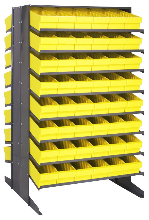 The Quantum Pick Rack is a double-sided, sloped organizer measuring 36L x 36W x 60H with metal supports. It holds 96 small yellow QED602 bins arranged in columns on 16 shelves, offering easy access for organizing small parts up to an 800 lbs. capacity.